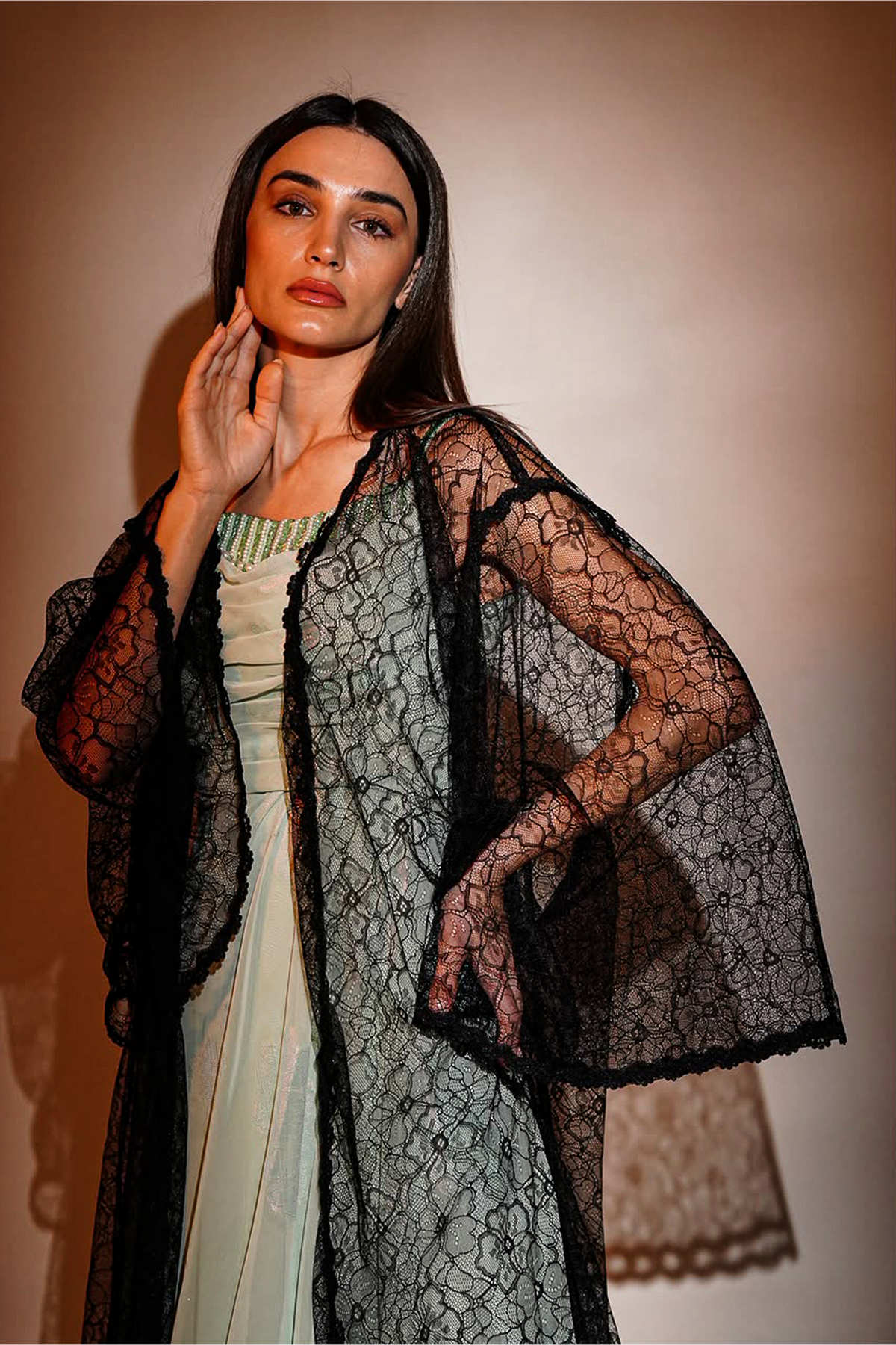 Black Floral Lace Open Abaya
