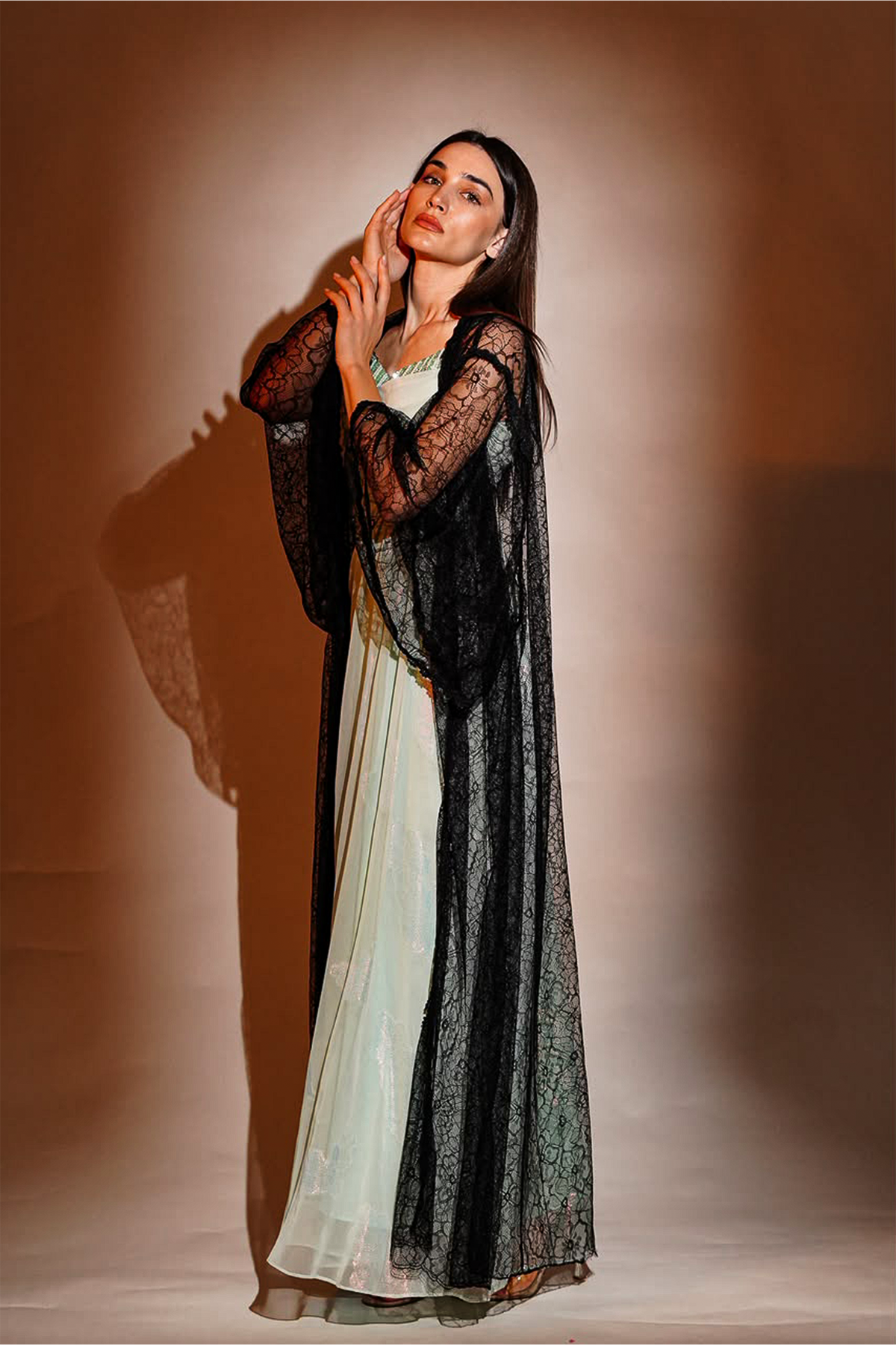 Black Floral Lace Open Abaya